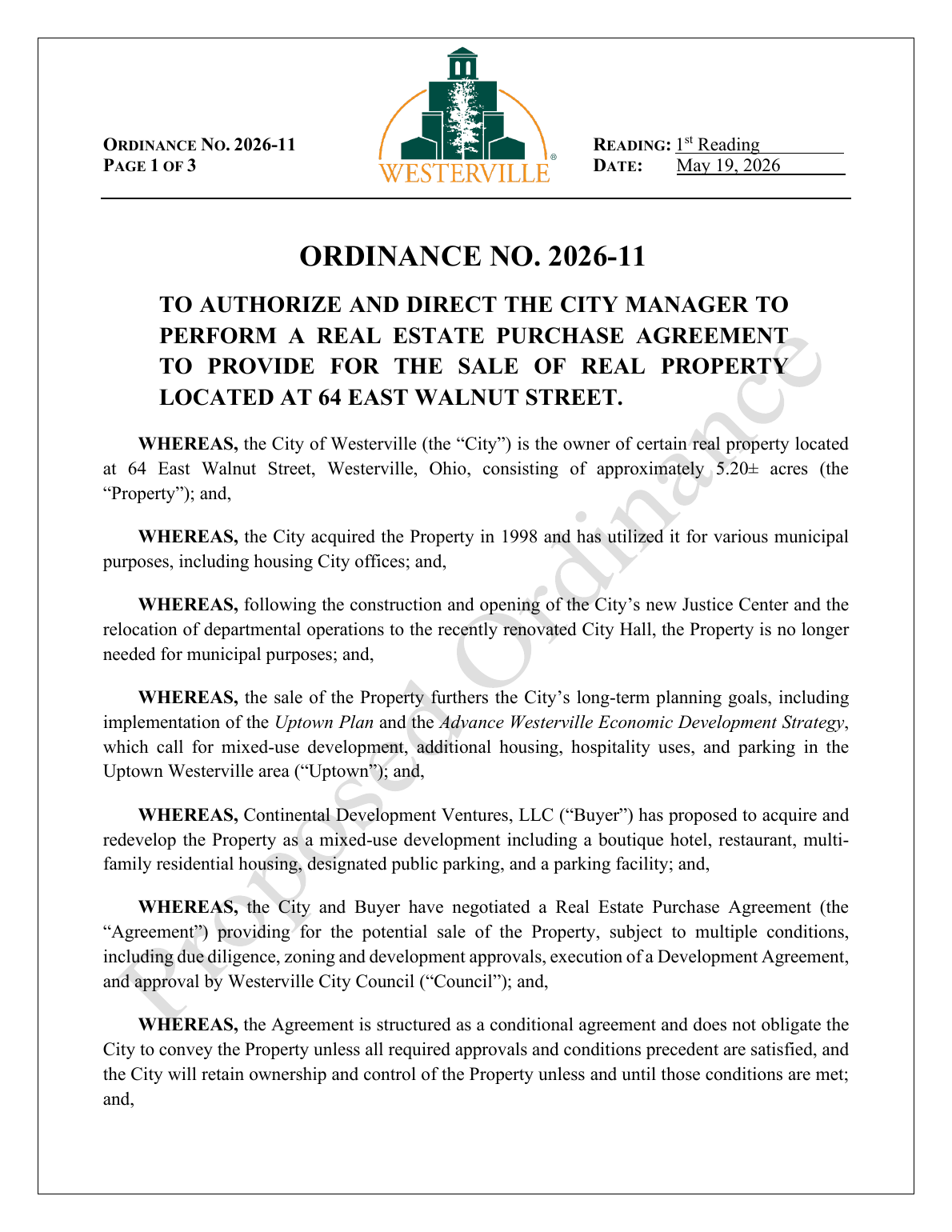 Ordinance No. 2026-11: Sale of 64 E Walnut St page 1