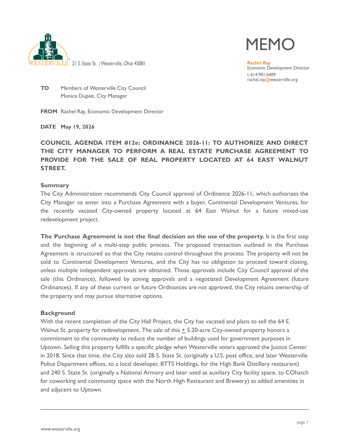 Staff memo: real estate purchase agreement page 1