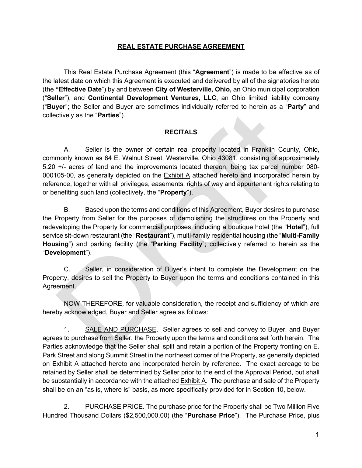 Draft real estate purchase and sale agreement page 1