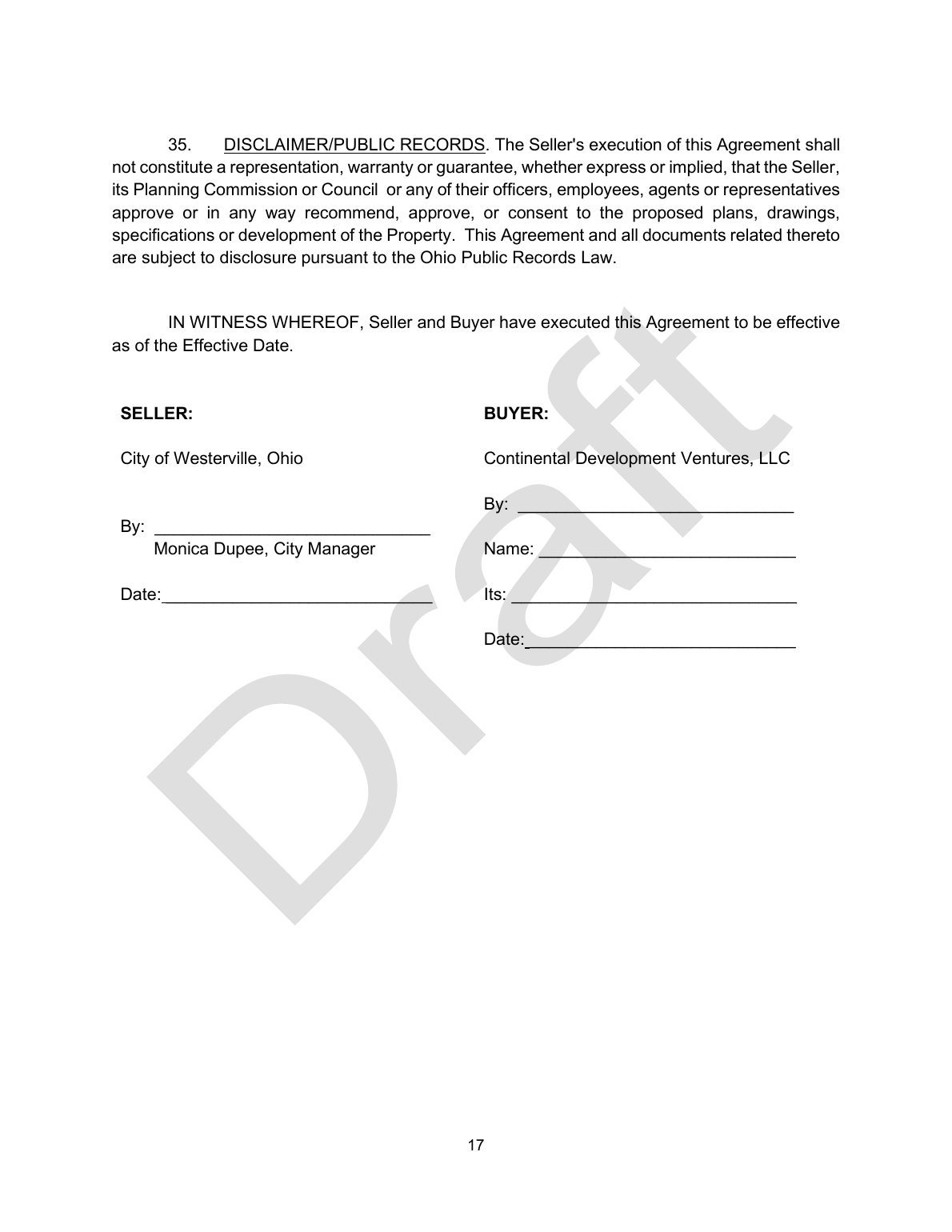Draft real estate purchase and sale agreement page 17