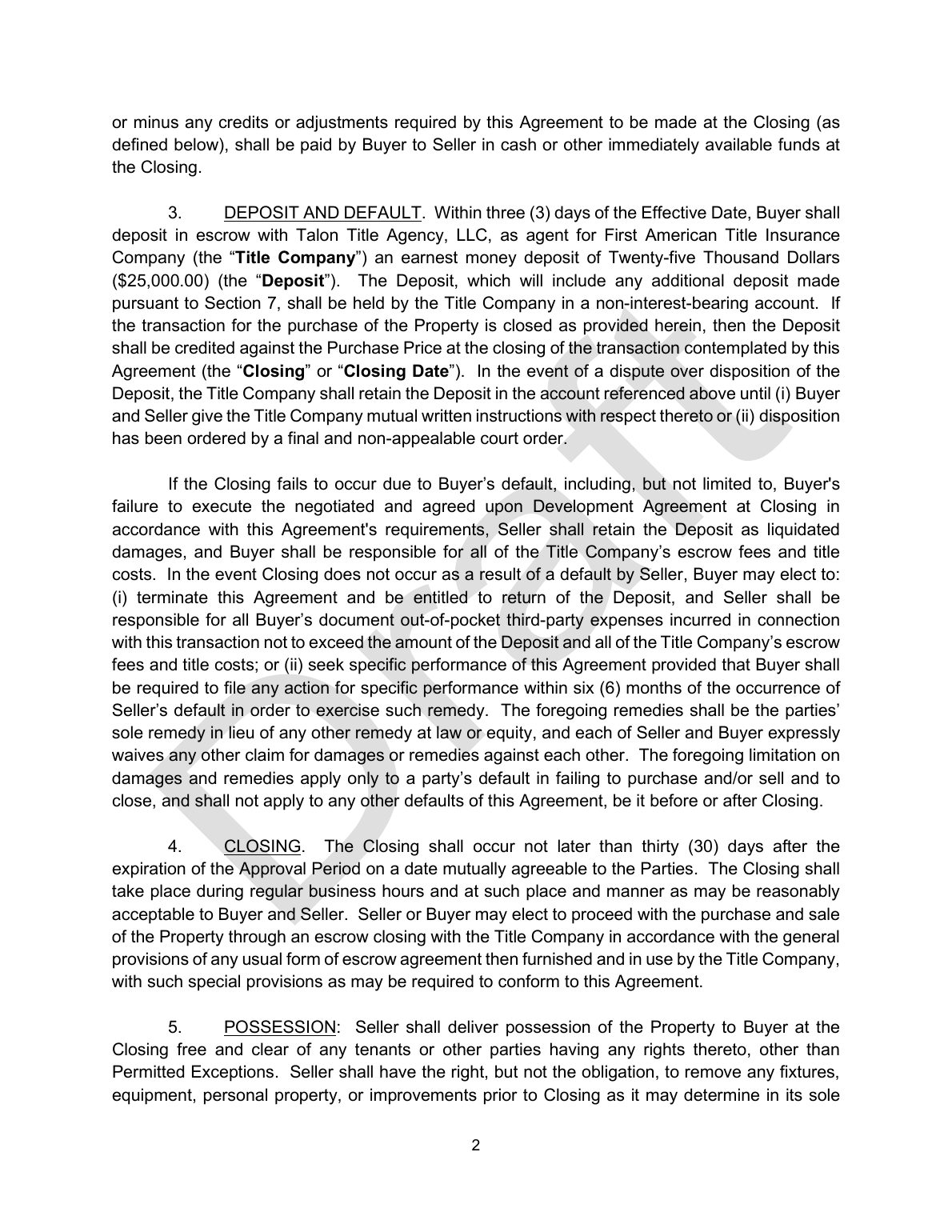 Draft real estate purchase and sale agreement page 2